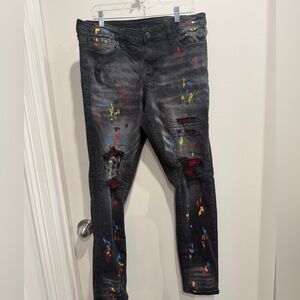 Rue21 Premium Black Slim Taper Jeans with Colorful Paint Splatter